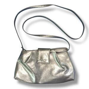 Calvin Klein Womens Faux Leather Evening Bag Crossbody Purse Metallic Gold